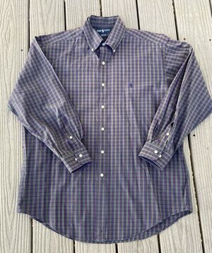 Ralph Lauren Yarmouth Oxford Shirt Green Purple Plaid 16 32/33 90's USA